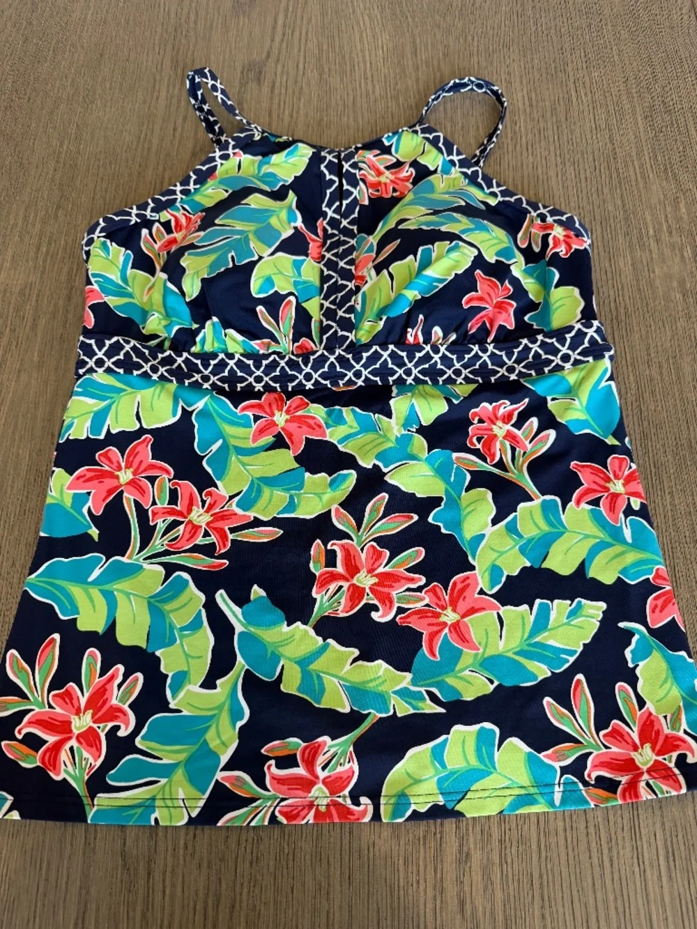 LANDS END Navy Tropical Flower Tankini Top Swim Vacation Beach Pool Womens 10